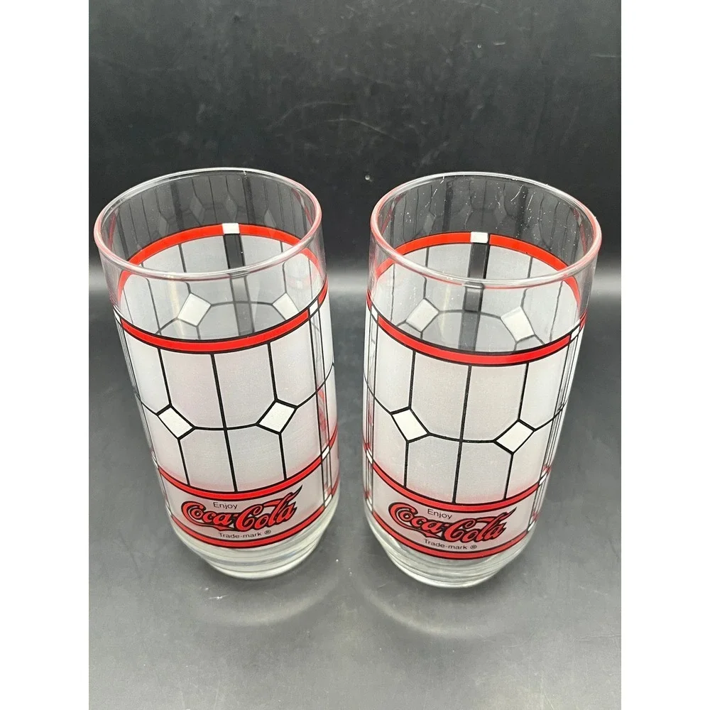 Vtg Pair of 2 Libbey Coca Cola Frosted Stained Glasses Tiffany 16‎ oz Tumbler